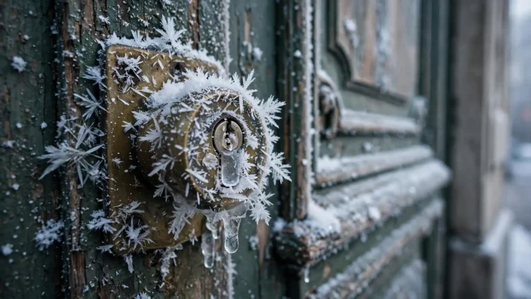 Vereistes Türschloss im Winter, das sich nur schwer öffnen lässt