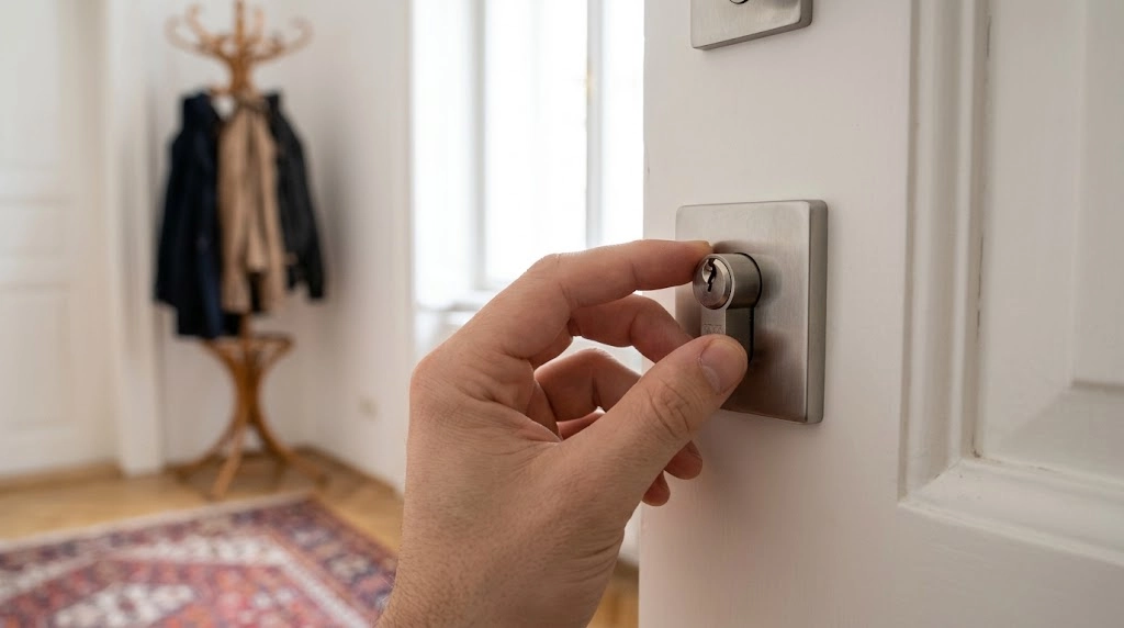 Person prüft den Sitz des Türzylinders an der Wohnungstür