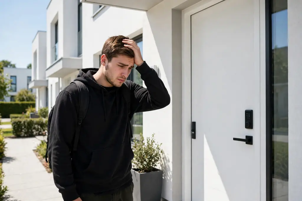 Person steht vor verschlossener Haustür in Laab im Walde und benötigt einen Aufsperrdienst