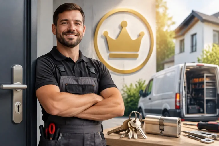 Schlüsseldienst-Fachkraft bei der Arbeit an einem Türschloss