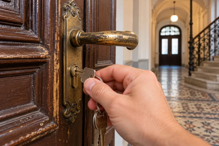 Schlüssel an einem alten Holztürschloss in einem Wiener Altbau