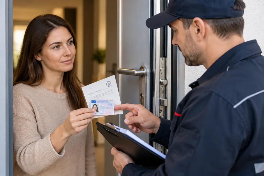 Aufsperrdienst prüft Ausweis und Unterlagen vor der Türöffnung