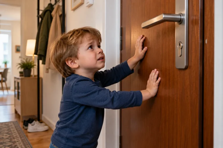 Ein Kind steht vor einer geschlossenen Wohnungstür und versucht, den Türgriff zu erreichen