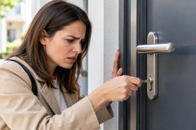 Frau versucht, eine Tür mit dem passenden Schlüssel zu öffnen, doch das Türschloss blockiert